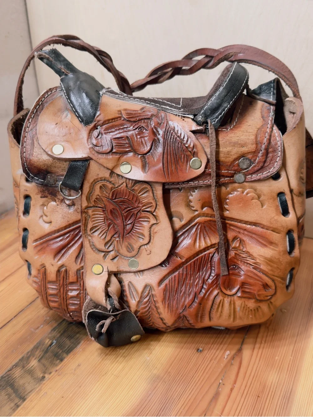 Vintage Handcrafted Tooled Leather Saddle Bag - Brown